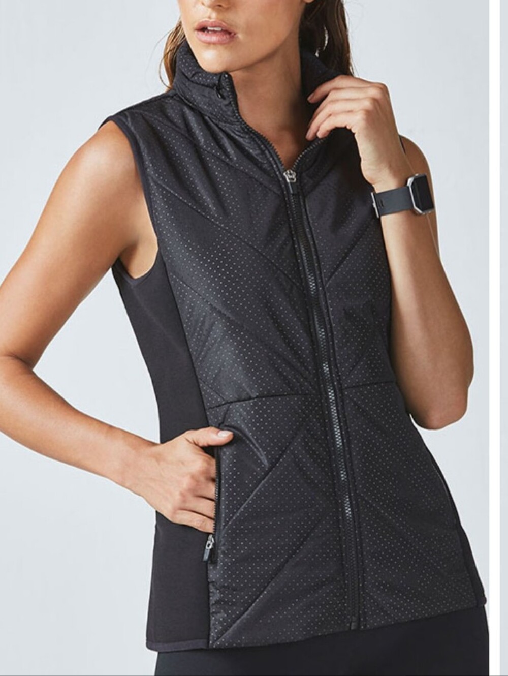 Fabletics Sedona Puffer Vest In Black Fog Polka Dot Size Medium Hidden Hood